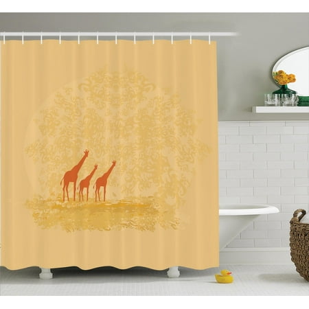 Savannah Bathroom Accessories Apartment Decor Shower Curtain Set, Giraffes In Retro Colored Safari Savannah Design Hot Wild Life Animal Boho Scenery, Bathroom Accessories, 69W X 70L Inches, By Ambesonne ()