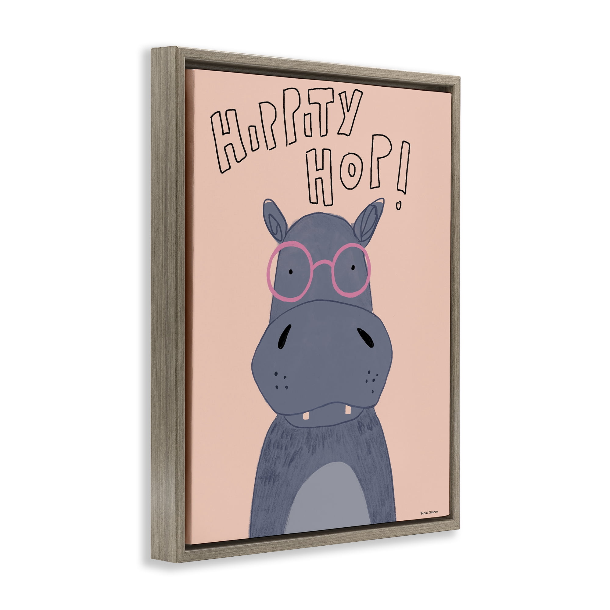 Stupell Industries Hippity Hop Hippo Brown Framed Floater Canvas Wall Art, design by Rachel Nieman