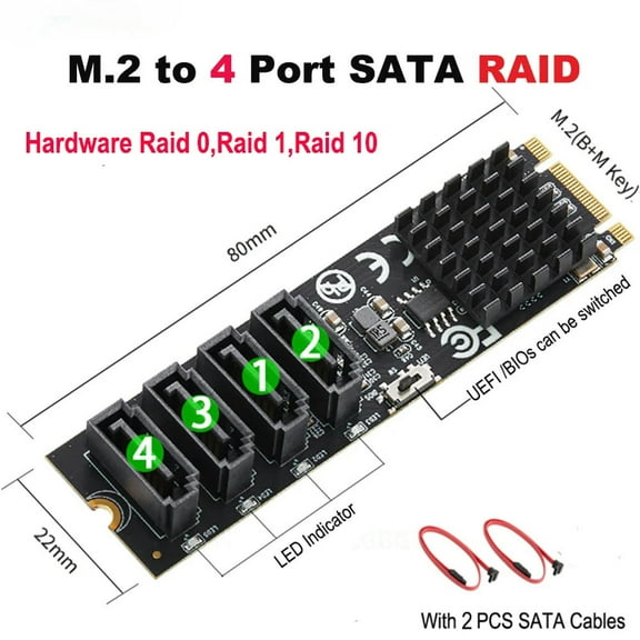 FOR M.2 to 4 Ports RAID 0/1/10 SATA III 6G SSD HDD Adapter M Key B Key 2280 mm Size PCIe2.0 9236 for UEFI Bios
