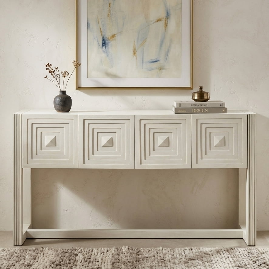Aukfa 55" Geometric Carved Console Table with 3 Drawers, Fluted Leg Entryway Table, Modern Sofa Accent Table for Living Room/Hallway,Parchment