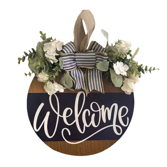 OIUR Front Door Welcome Sign Farmhouse Rustic Round Wooden Bowknot Letter Welcome Wreath All Seasons Indoor Outdoor Porch Door Hanger Wall Hanging Decoration