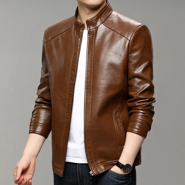 Chaqueta de cuero de otoño e invierno para hombre, nueva chaqueta de cuero suave y delgada con cuello alto, ropa para hombre