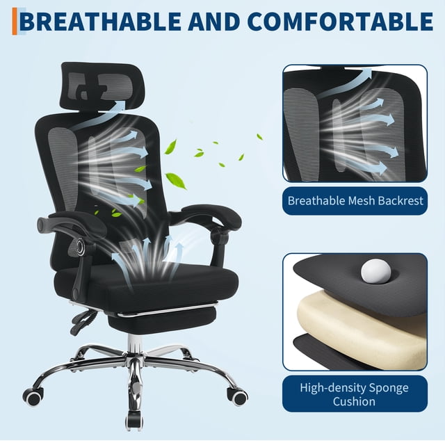 AKDSteel Ergonomic Mesh Office Chair, High Back Desk Chair With Adjustable Retractable Footrest