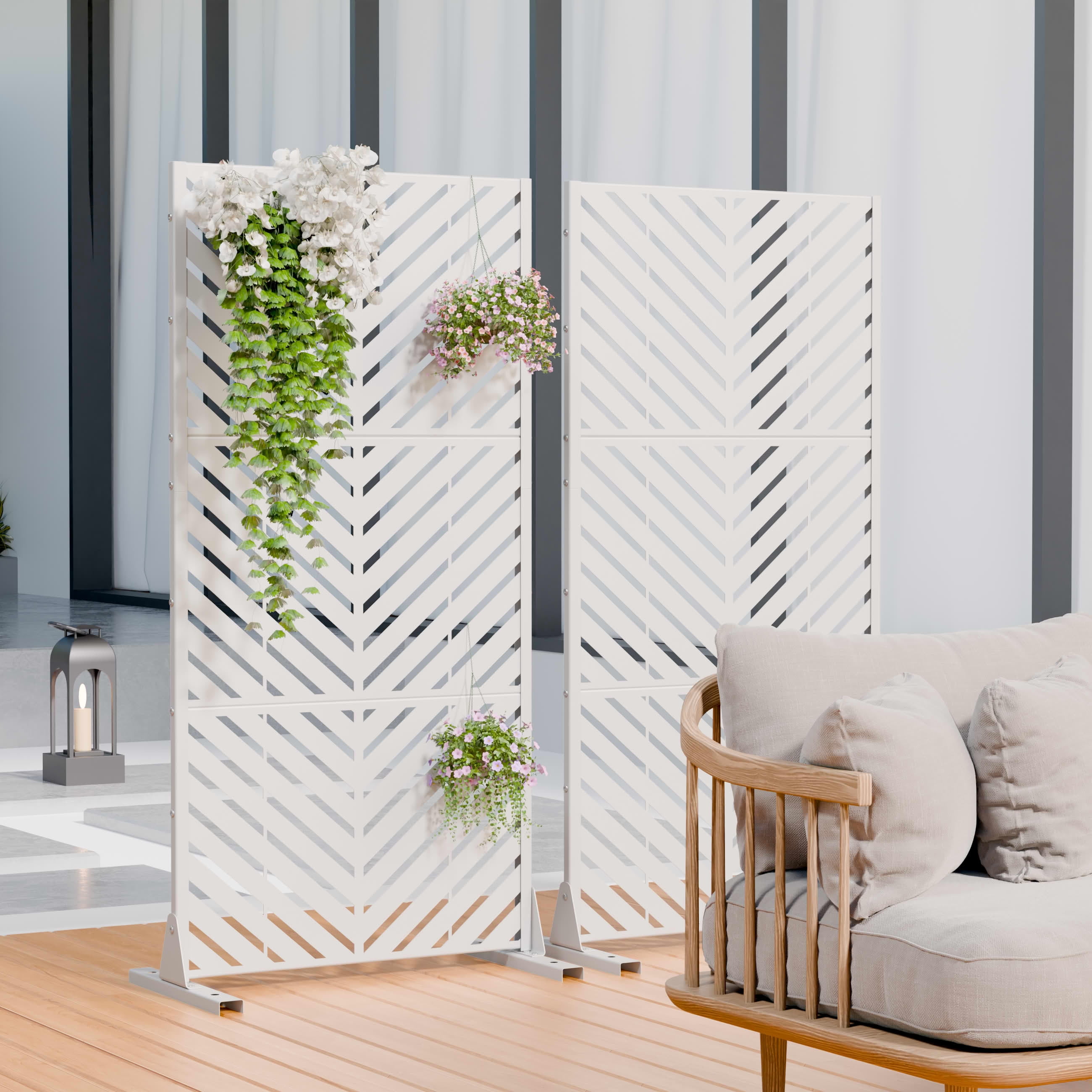 MAYEERTY 2-Piece Outdoor Metal Privacy Screen 5ft White, 3-Panel Parallel Decorative Screen, Rust-Resistant for Patio