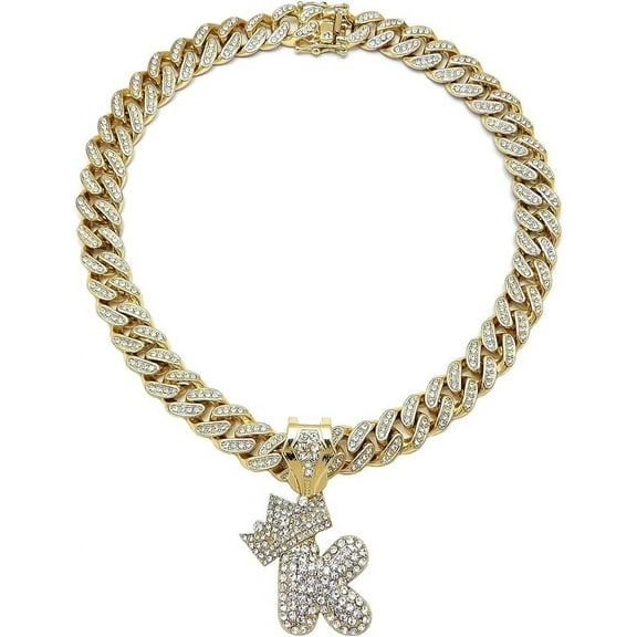 Hip Hop Gold Plated Bubble Alphabet Initial " K " Cubic Zirconia Pendant & 12mm 24" Iced Cuban Box Lock Chain Necklace
