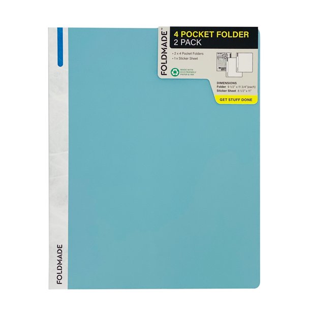 Foldmade 4Pocket Paper Folders 2pack Sky Blue, Sticker Sheet