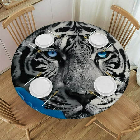 

QFMY White Tiger Blue Eyes Blue Rose Round Tablecloth Outdoor Fitted 100% Polyester Fiber 46-50