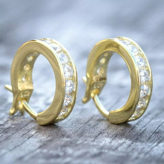 0.15CT Small Mini CZ Earrings | 14K Yellow Gold Plated Silver Huggie Hoop Earrings for Men | Simulated Diamond Wedding Earrings
