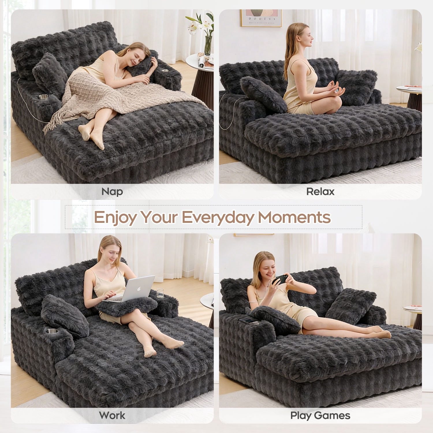 Faux Fur Oversized and Upholstered Chaise Lounge Loveseat Sleeper Sofa with Wood Frame and 2 Pillows, Gray
