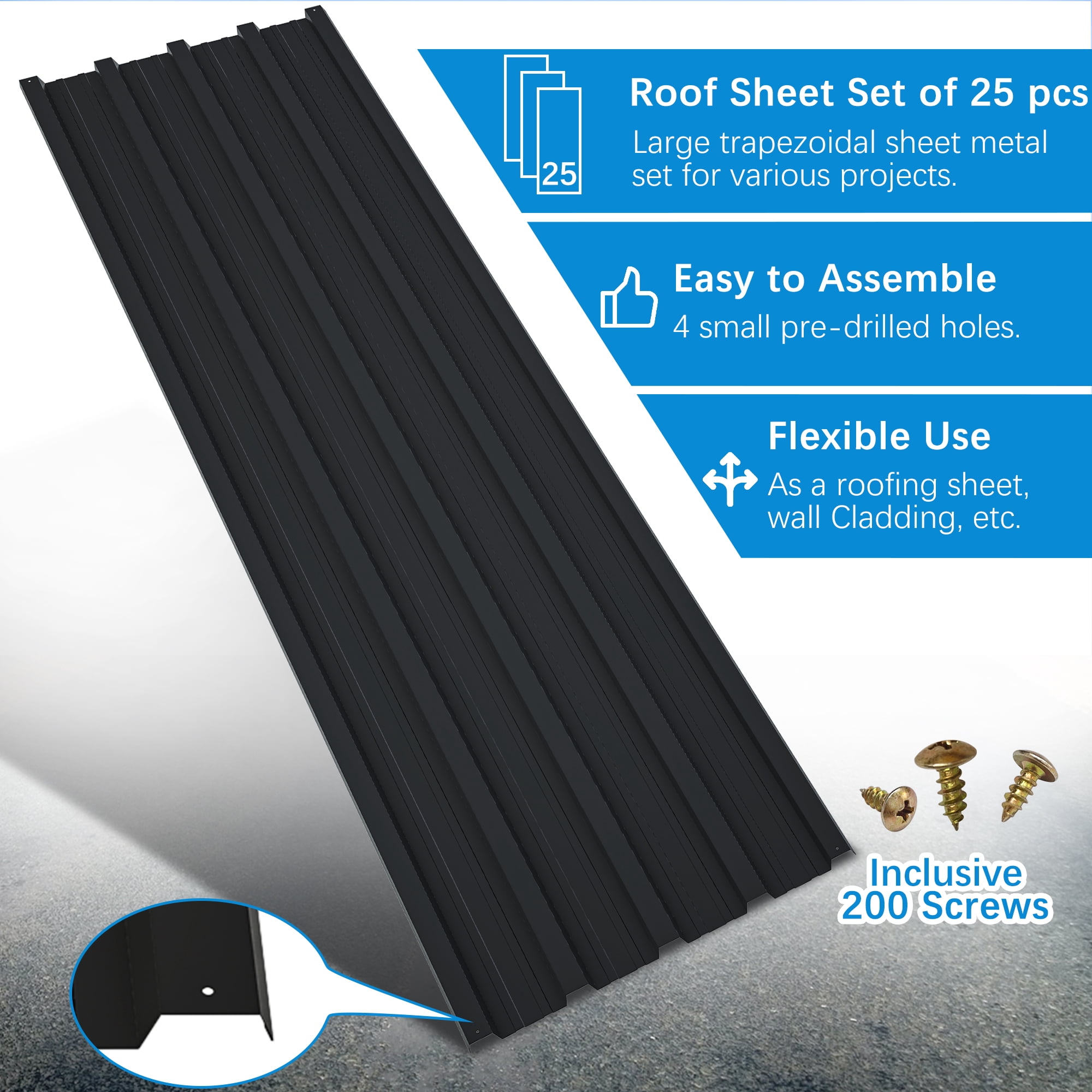 25 pcs Metal Roof Panels 176.5 ft² Galvanized Steel Corrugated Tin Roofing Panels Gazebo Top Cover Sheds, Garages, Stables and Mobile Homes Replacement for Patio Outdoor Garden, Black