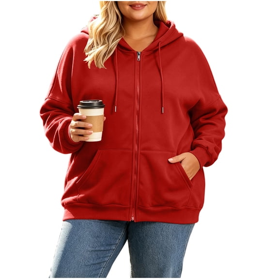 LEKWK Zip up Hoodie Women Plus Size Lightweight Oversized Sweatshirt Long Sleeve Athletic Jacket with Pockets Fall Casual Activewear Red XL