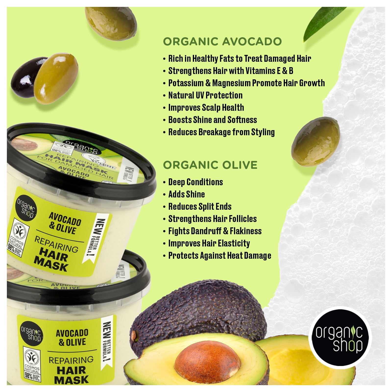 Organic Shop Avocado & Olive – Shampoo + Conditioner + Deep Repairing Hair Mask – Daily Intense Repairing Treatment Set, 100% Vegan & Organic, Rich In Vitamins, Silky Hydration & Nourishing