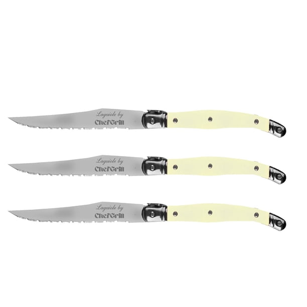 Cuchillos con Mango Ergonómico Laguiolelvory 3 Pzas 23 cm Marfil Acero Inoxidable Cuchillo para carne.