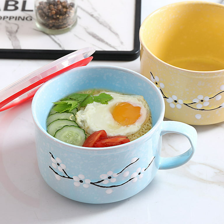 Whitenesser Microvavable Soup Bowl With Lid, Japanese Style Microwavable  Ceramic Noodle/Soup Bowls Lid with and Handles (Cyan)
