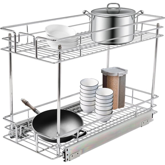 2-Tier Kitchen Pull Out Cabinet Organizer, Heavy Duty Under Sink Organizer Slide Out Basket with Ball Bearing Slides, Space Saver Pantry Drawer Storage Shelves For Bathroom (10.5" W X 21.5" D)