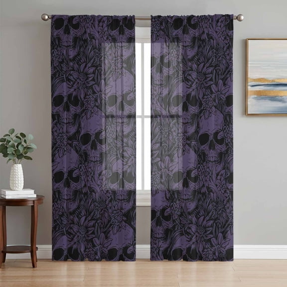 Halloween Sheer Curtains 63 Inch Length 2 Panels Set, Purple Skull Monochrome Watercolor Voile Window Treatment Rod Pocket Curtains Sheers Drapes for Bedroom/Living Room/Kitchen 52x"63"x2