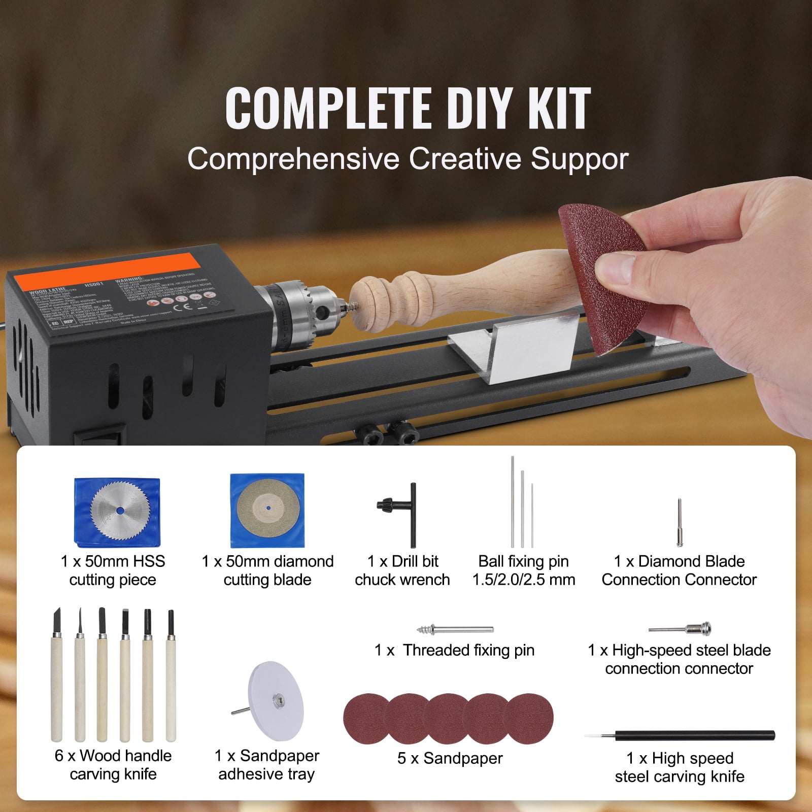 KFFKFF Small-Scale Lathe Device, Measures 2.76 x 6.3 inches, Powered by 24VDC 96W, Comes with Lathe Equipment Extras, Boasts 7 Speed Settings Varying between 4220 to 8450 RPM
