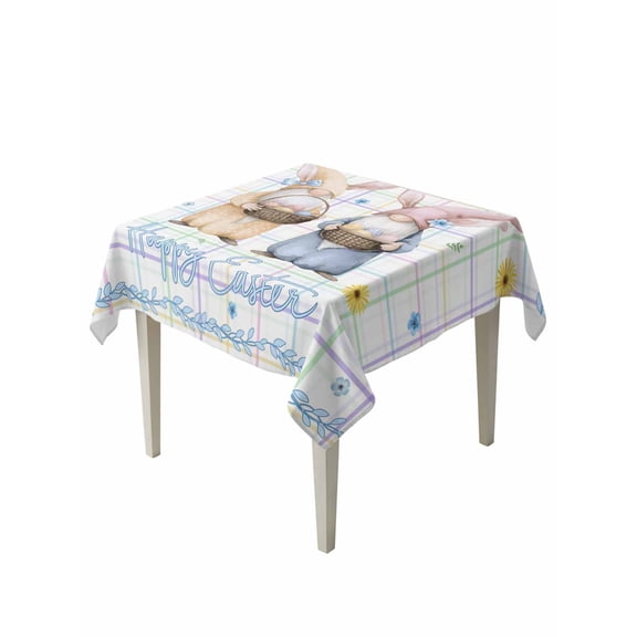 Watercolor Easter Suqare Tablecloth - 54 x 54 Inch, Cute Gnomes Eggs Flowers Colorful Grid Waterproof & StainResistant Tablecloth, Washable Oil-proof Table Cover for Dining/Party/Wedding/Buffet