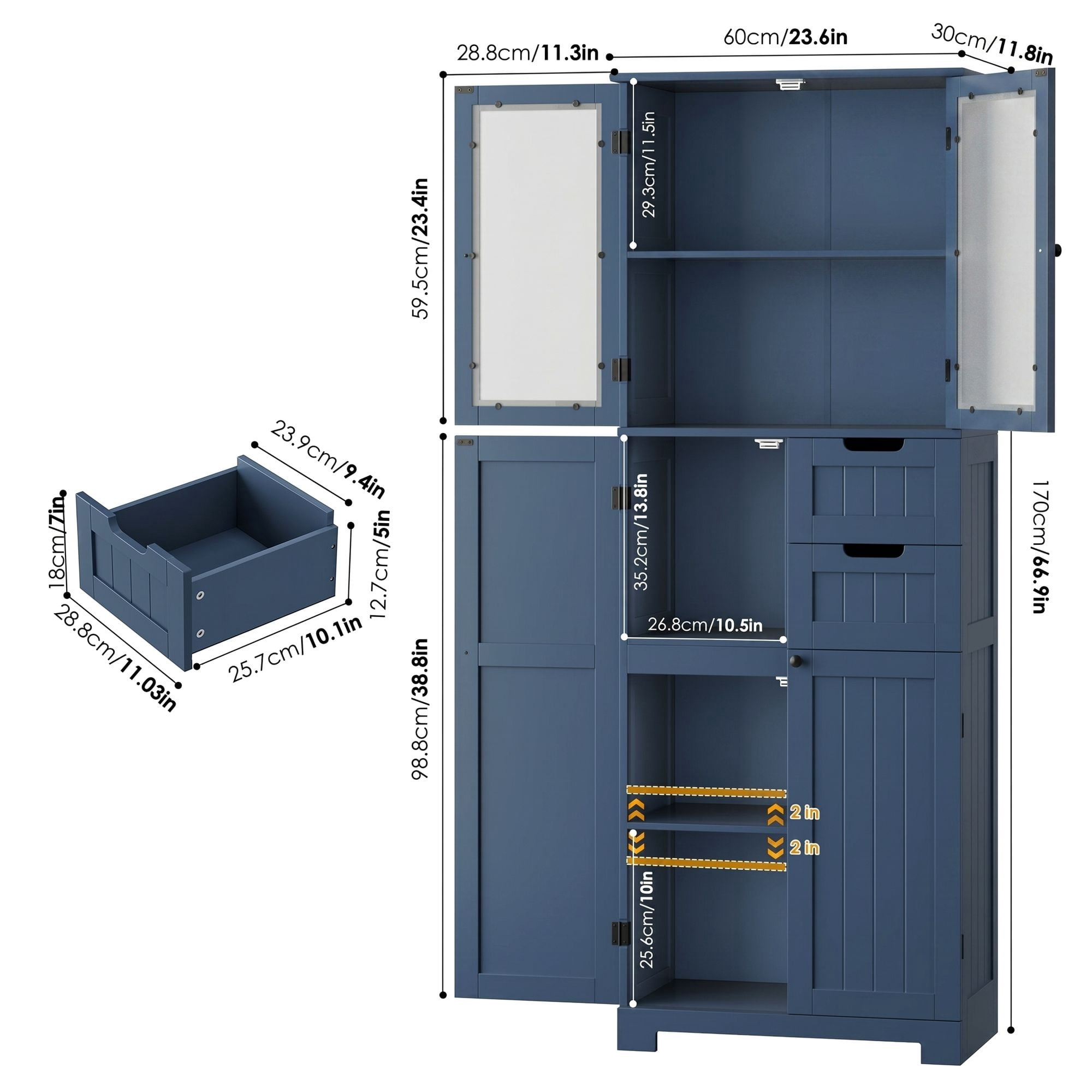 Homfa Kitchen Pantry Storage Cabinet, 67" Pantry Cabinet with Doors and Removable Drawers, Freestanding Cupboard for Dining Room, Blue
