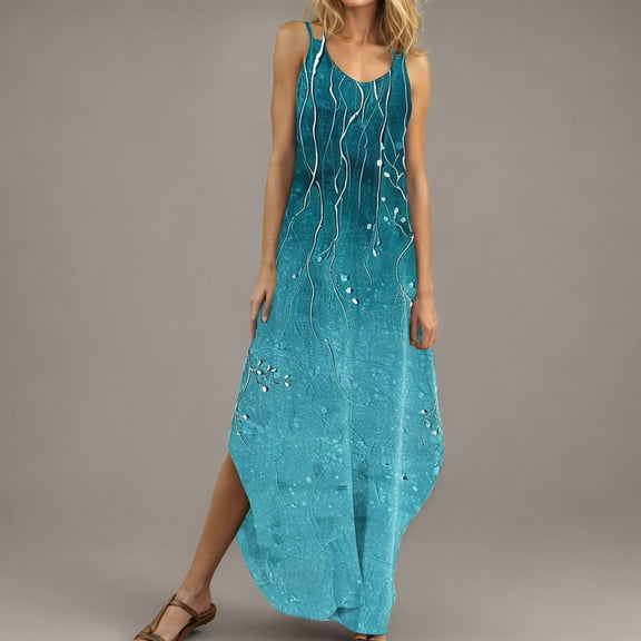 Blczomt Summer Dresses for Women Boho Maxi Floral Sundresses Blue Casual Sleeveless Womens Fashion