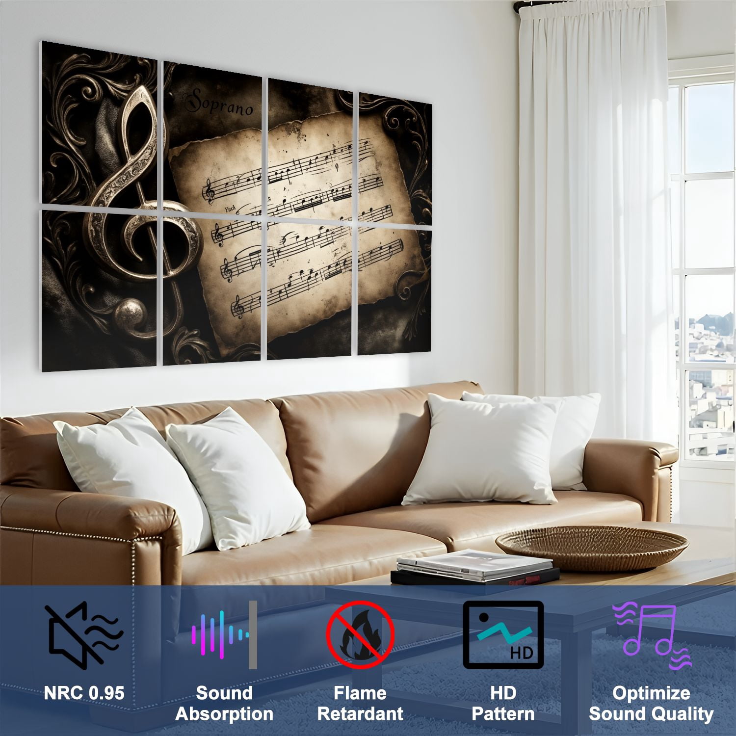 Musical 8 Pack Art Acoustic Panels Sound Absorbing Vintage Sheet Music Clef Ornate Frame Decorative Soundproof Wall Panels Self Adhesive for Nursery Game Room Music Classroom 48"x32"