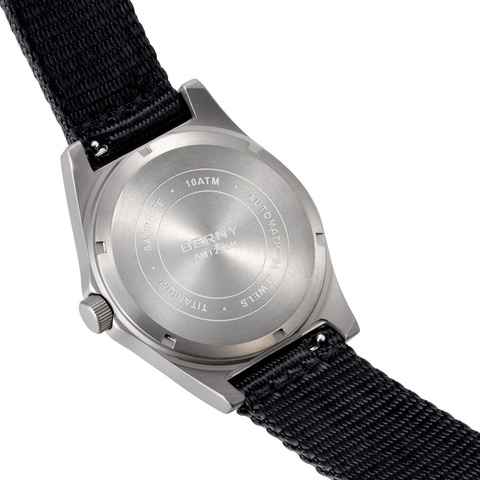 BERNY Automatic Titanium Watches for Men, Sport Casual 10ATM Waterproof Analog Mechanical Watch with Date, Nylon Strap, Super Luminous, Sapphire Crystal, Fashion Minimalist Wrist Watch (Black)