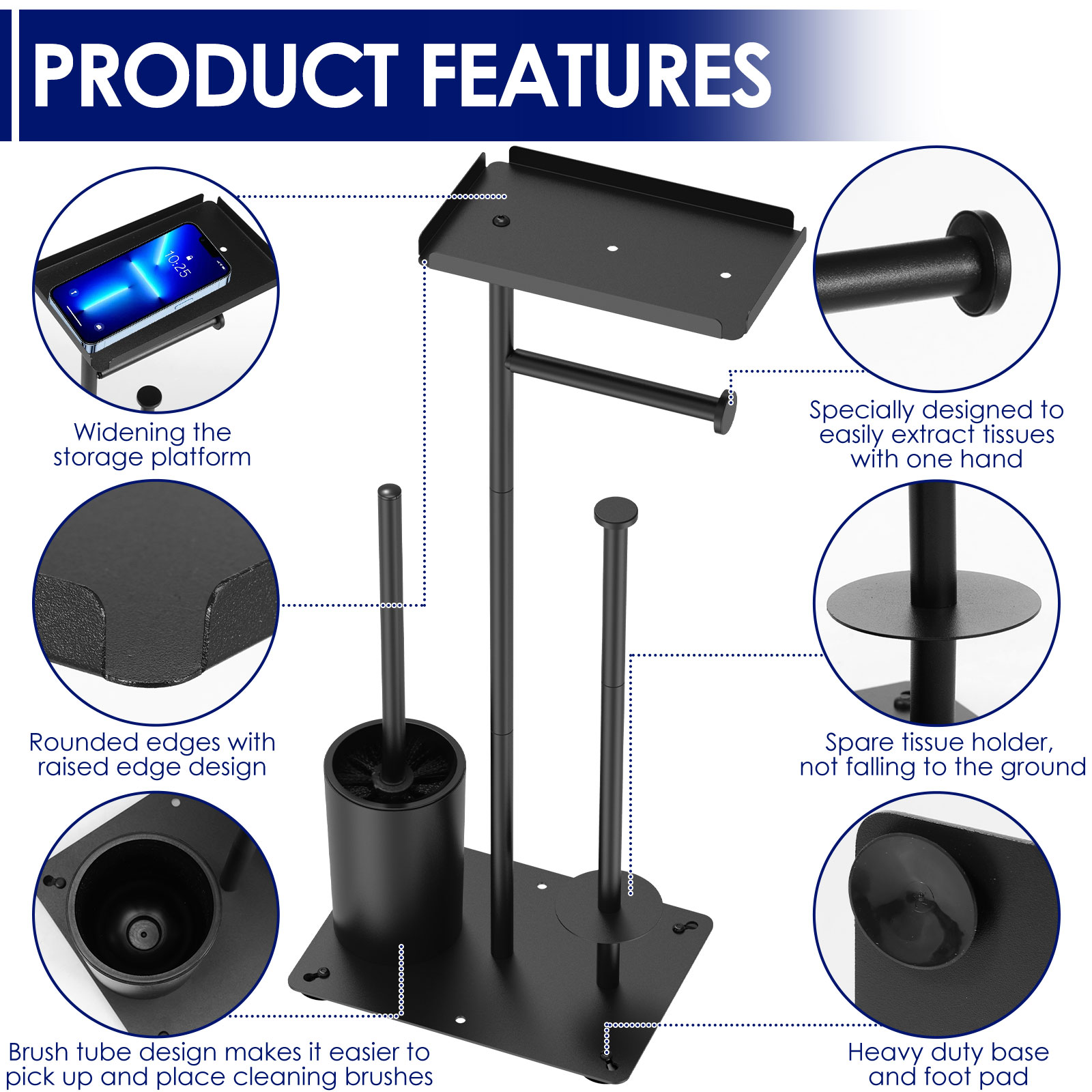 Dznils Free Standing Stainless Steel Toilet Paper Holder with Roll Reserve, Toilet Brush and Top Storage Shelf, Black