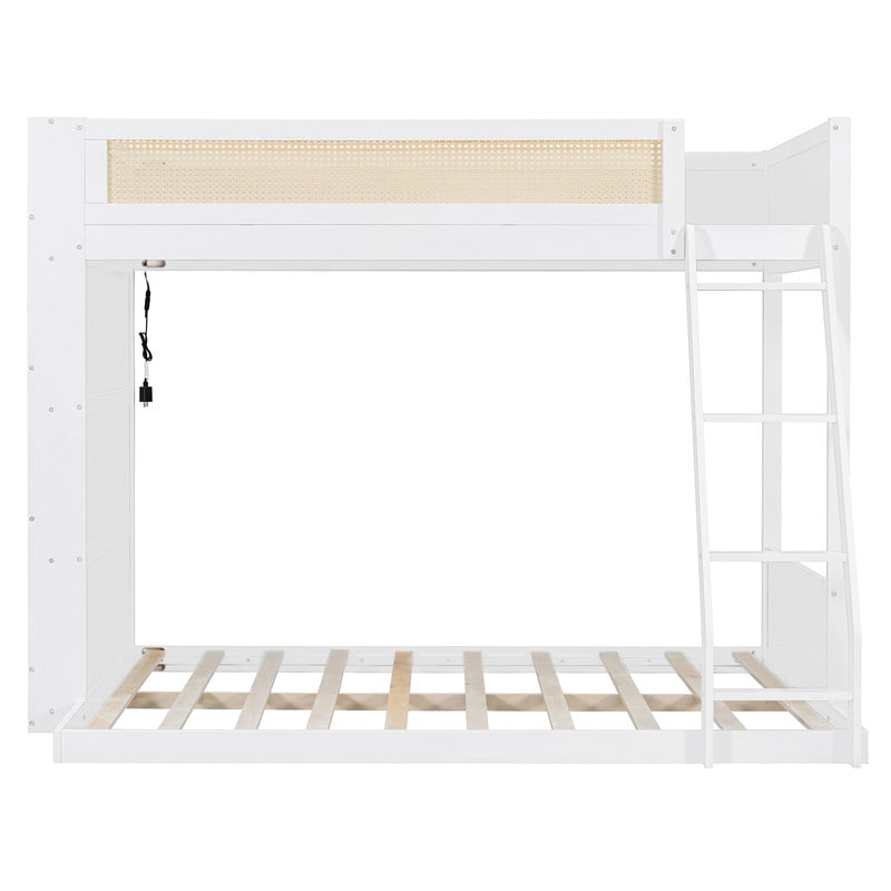 Twin-Over-Full Bunk Bed with Built-in Ladder & LED Strip, Storage Wooden Bed Frame with Bookshelf & Rattan Guardrail