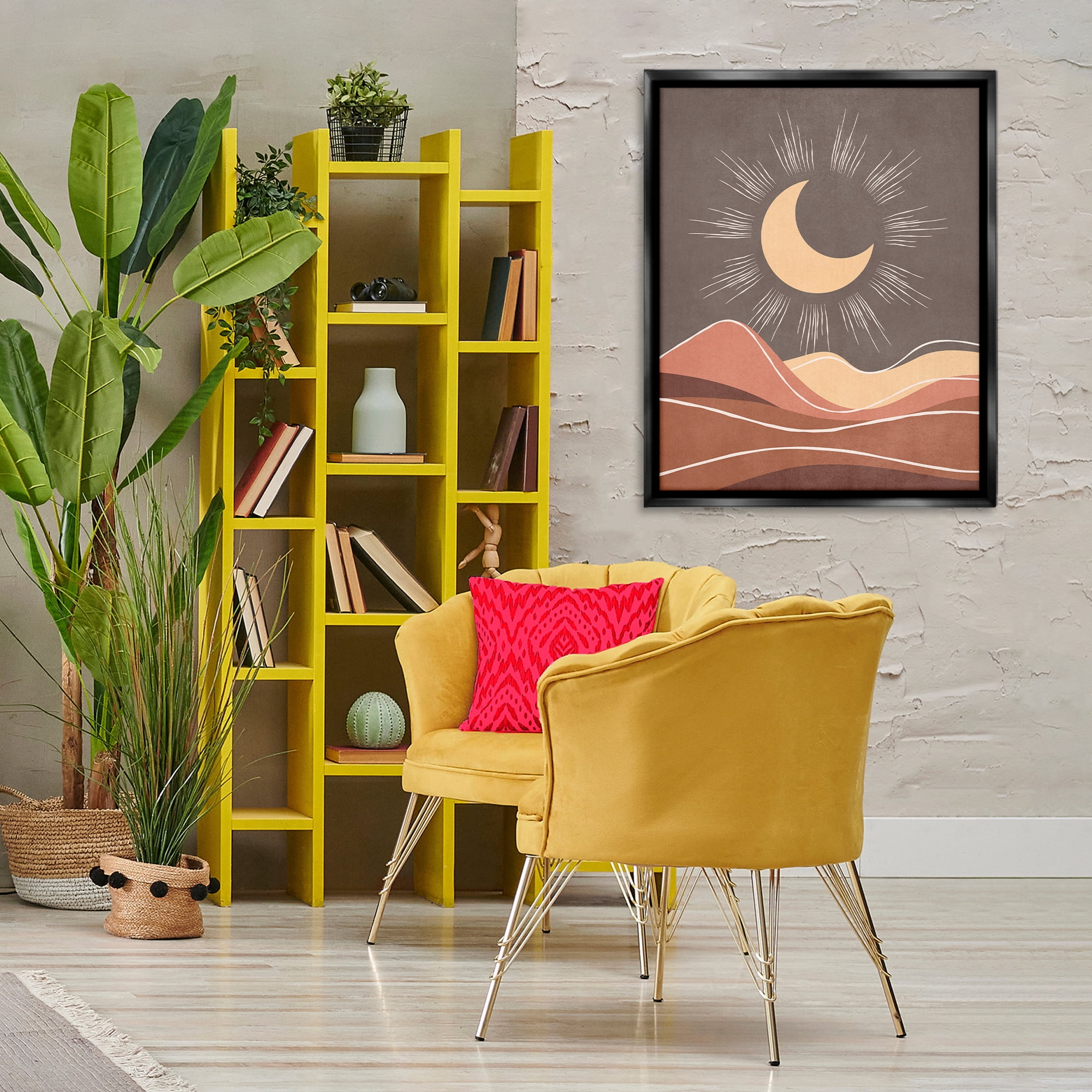 Stupell Industries Boho Moon over Desert Landscape & Nature Painting Black Floater Framed Canvas Art Print Wall Art, 25 x 31
