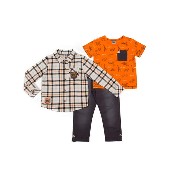 Little Lad Baby Toddler Boy Plaid Button Up Shirt, Graphic Short Sleeve T-shirt & Drawstring Jogger, 3pc Outfit Set