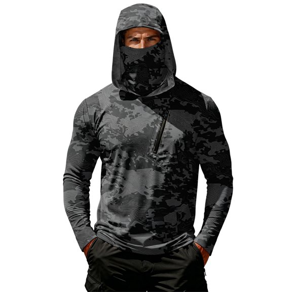 Domuza Upf 50 Long Sleeve Hoodies for Men Fishing Shirts Camo Hooded Shirt with Mask Uv Casual Summer Rash Guard Sun Protection Shirt Black M