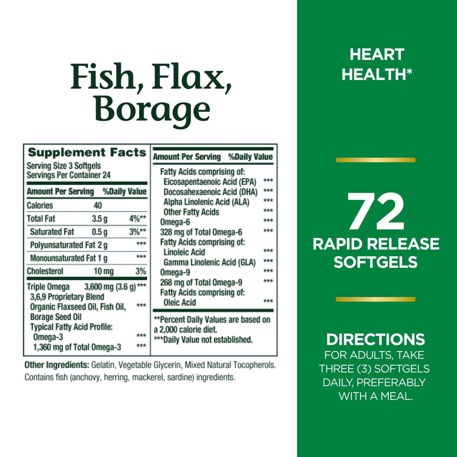 Nature's Bounty Fish, Flax, Borage With Omega 3-6-9, 1200 Mg, 72 Ct
