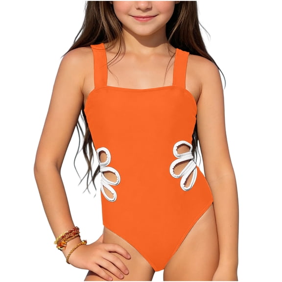 Summer Clearance!KkSLirnhs 11 Years Girls Swimsuits 7-16 Solid Color Comfortable Sleeveless Waisted Girls Swimsuit for Middle and Large Children Orange
