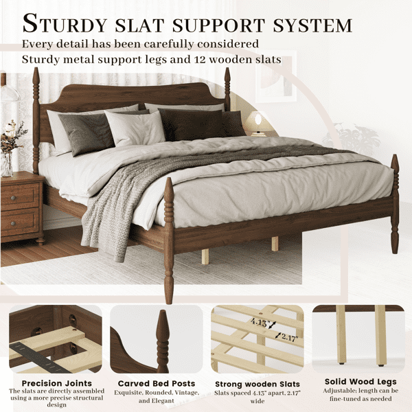 King Size Platform Bed Frame, Spindle Bed with Curved Tall Headboard, No Box Spring Needed, Retro Four Poster Bed, Walnut