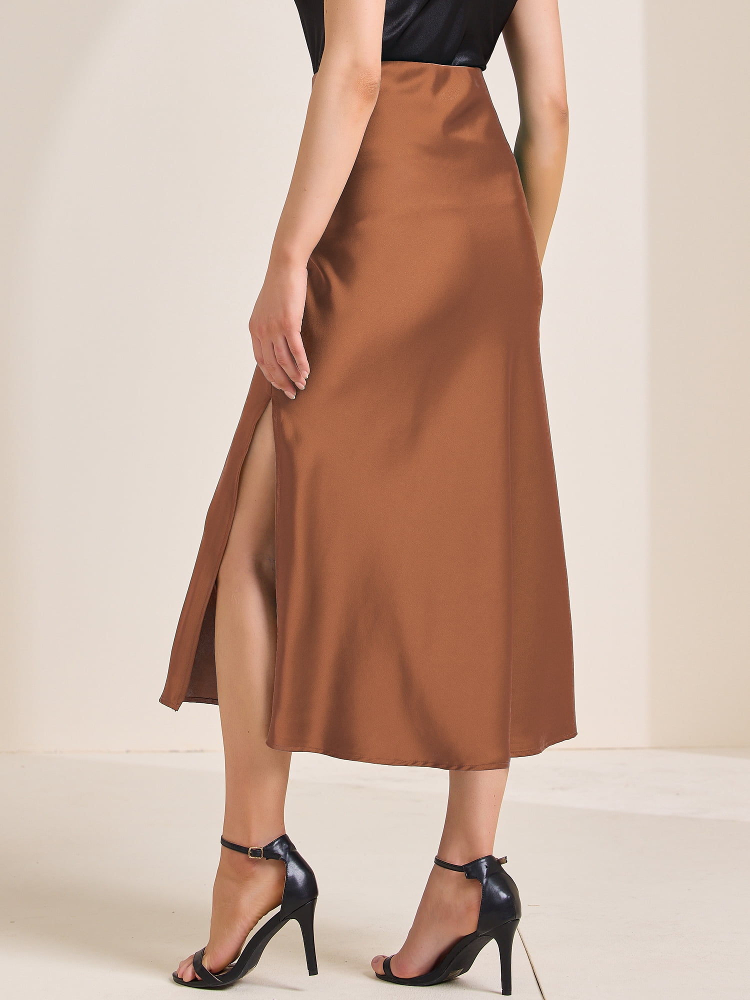 DARING DIVA Women's Satin High Waist Elastic Waist Split A Line Midi Skirts L Brown