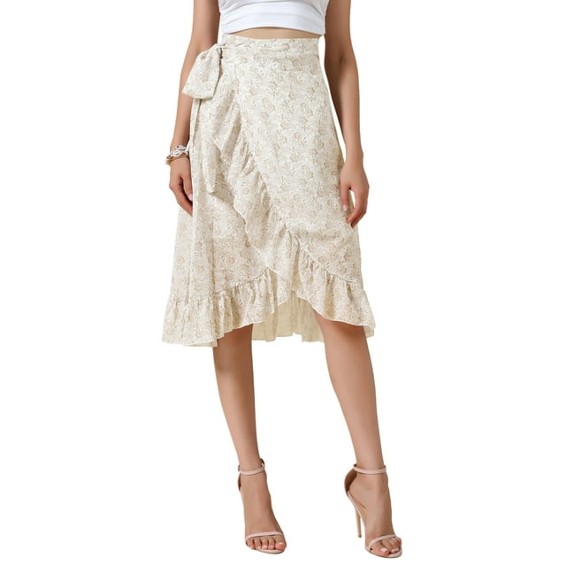 Falda Midi Floral Refinada para Mujer, Casual de Verano, Con Volantes, Nudo en la Cintura, Corte A, Falda Fluida, S Amarillo
