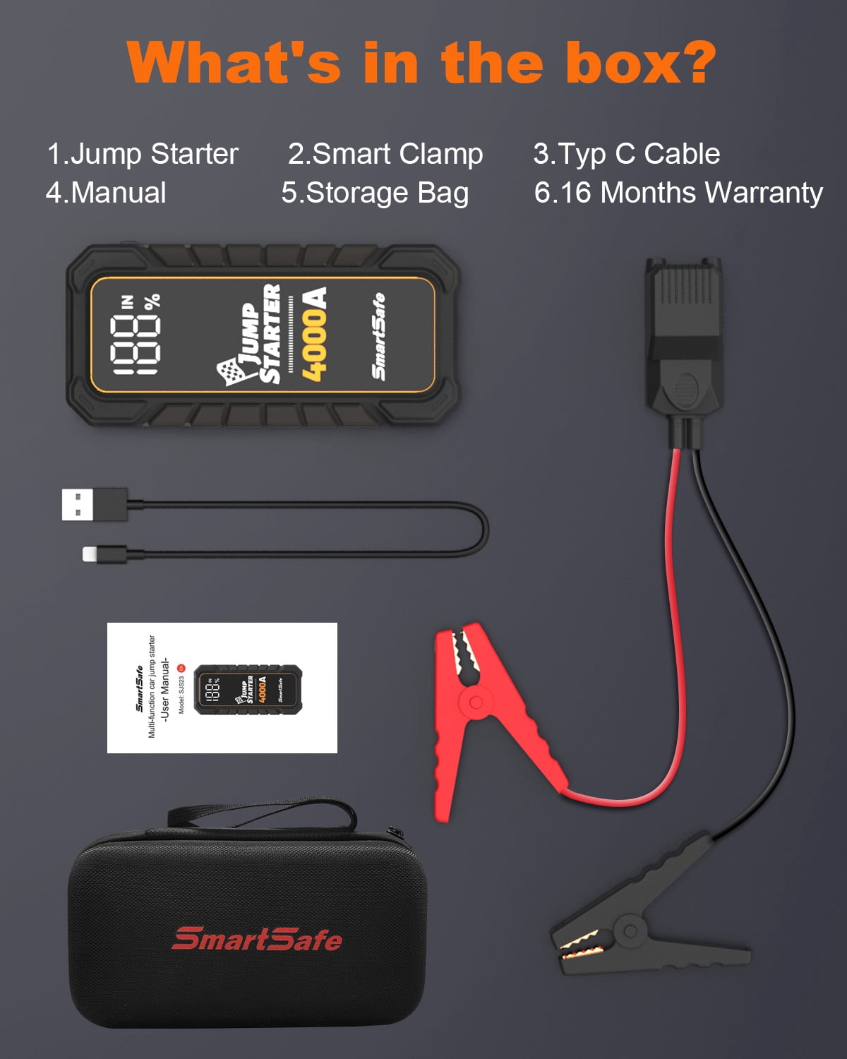 Car Battery Jump Starter Portable  4000A Car Jumper Battery Pack For Up To 10.0l Gas And 8.0l Diesel Engines 12v Jump Box With Usb Ports, Lcd Display Storage Case