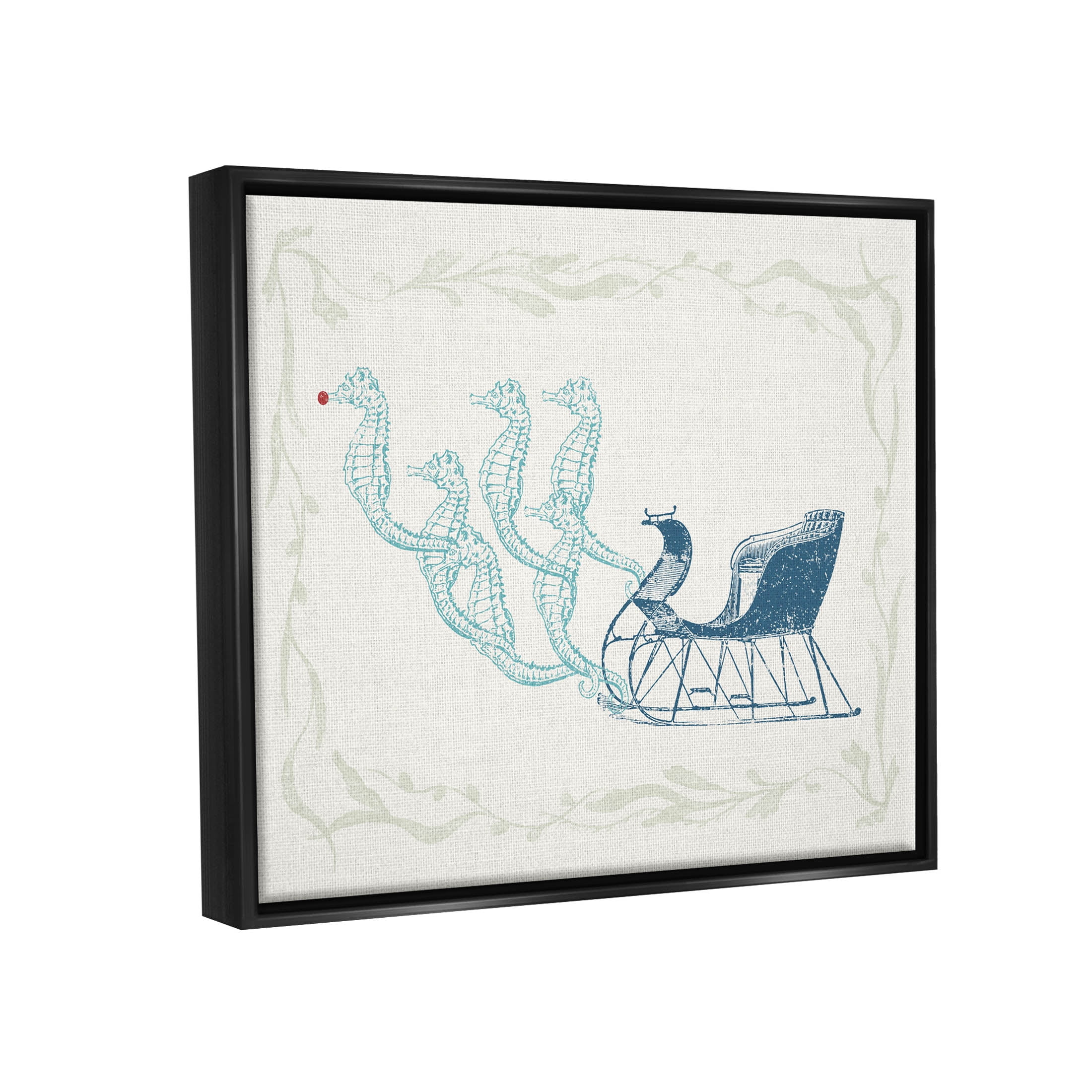 Seahorse Santa Sled Nautical Christmas Holiday Graphic Art Jet Black Framed Art Print Wall Art