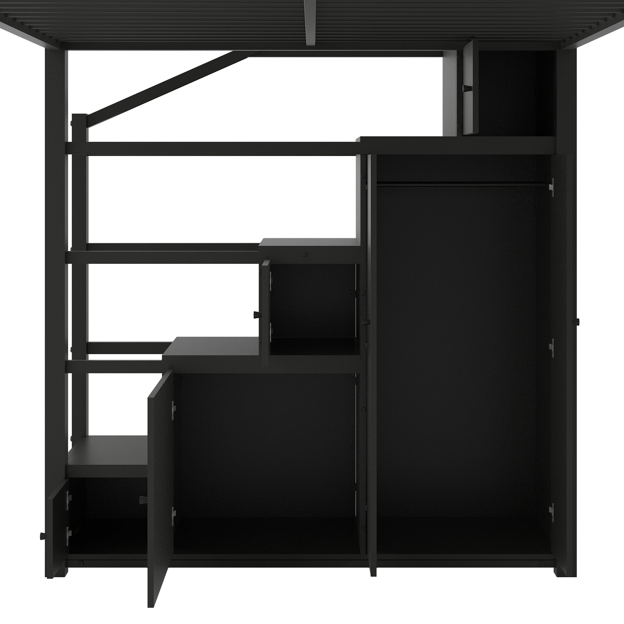 Euroco Full Size Metal Loft Bed with Storage Shelves and Cabinets, Open Wardrobe and Staircase, Black