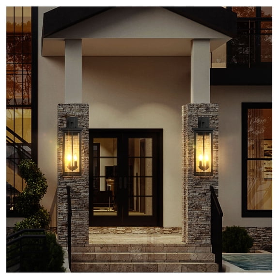 Outdoor Wall Lantern 2-Pack, 22" Matte Black, Dusk to Dawn Sensor, Weatherproof Porch Light, Clear Glass, 2-Light Fixture (Bulb Not Included)