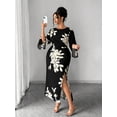 thumbnail image 6 of Black And White Floral Print Maxi Dress With Slit Cuff Sleeve Elegant Fitted Commuter Party Dress, 6 of 7