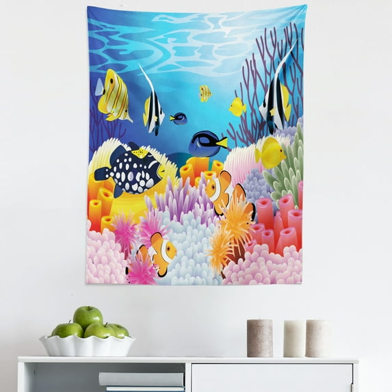 Underwater Tapestry, Funny Colorful Cartoon Ocean Life Tropical Fishes and Coral Reefs, Fabric Wall Hanging Decor for Bedroom Living Room Dorm, 5 Sizes, Sky Blue and Multicolor, by Ambesonne