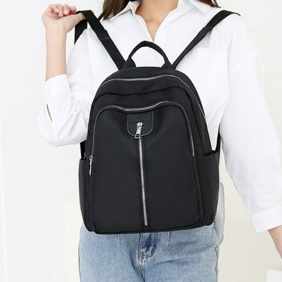 Mochila Casual Antirrobo para Mujer, Tela Negra, Diseño con Múltiples Bolsillos y Correas Ajustables, 28x14x34cm, Daypack Ligero para Viajes, Compras o Salidas.
