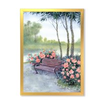 Designart 'Bench In Park By The Pions Flowers Bushes' Traditional Framed Art Print