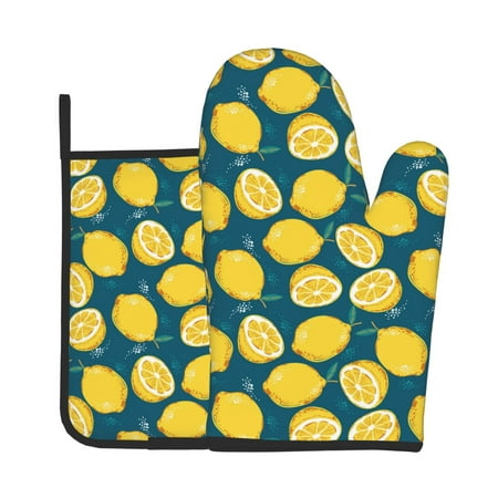 

Zeuib Lemon Print Oven Mitt & Pot Holder Set 2-Pack Kitchen Gloves and Hot Pads for Cooking BBQ Grilling Baking