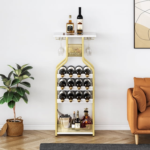 QinaQin Freestanding Floor Wine Rack, Multi-Functional Mini Bar Table with Storage Shelves and Glass Holder
