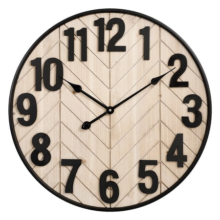 MODE HOME 24 Inch Large Wall Clock for Living Room Decor, Rustic Wooden Farmhouse Wall Clock with Black Metal Frame, Battery Operated Non-Ticking Silent Wall Clocks for Home Decor (Brown)