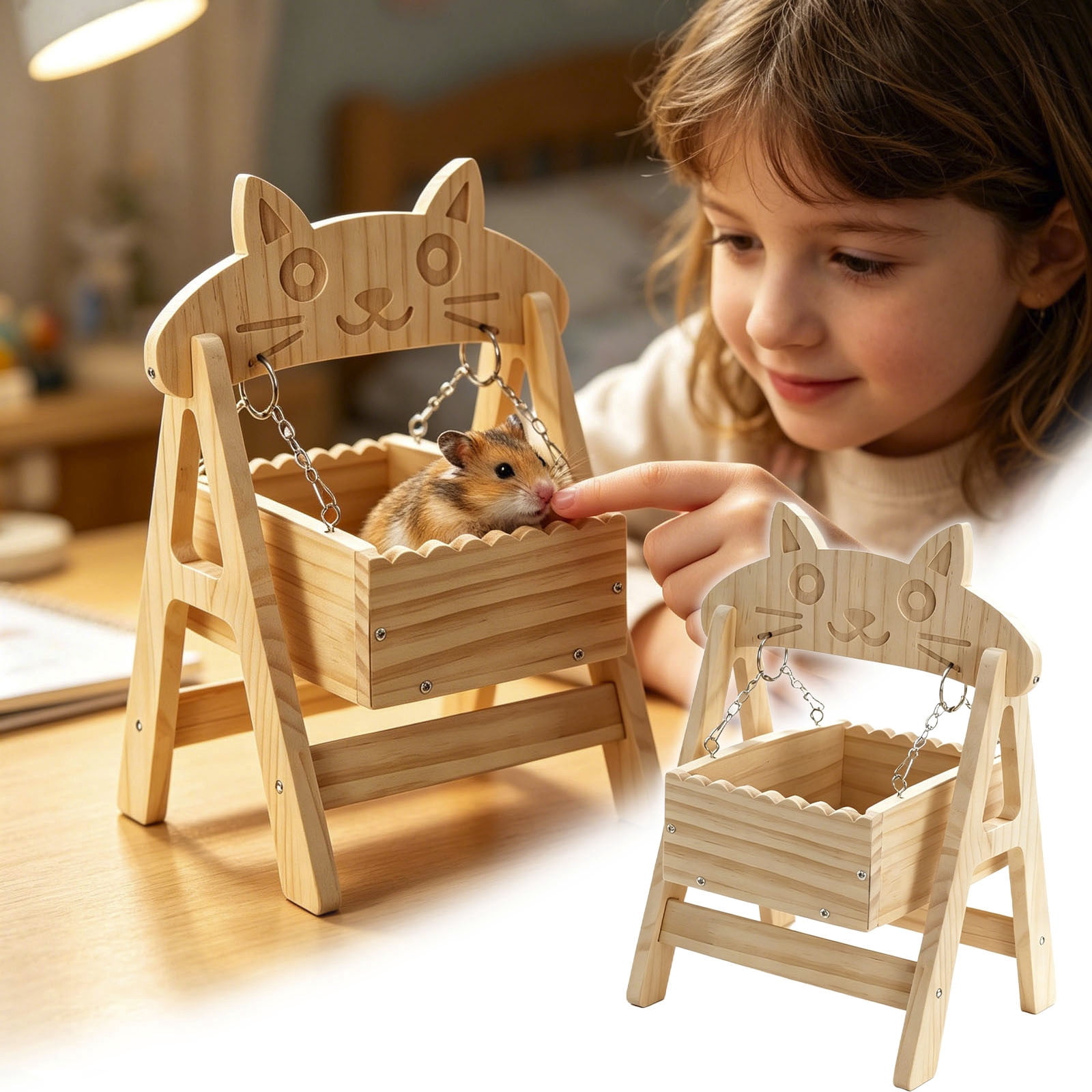 Natural Wood Hamster House 13 Inch Chew-Proof Small Animal Hideout Cage Decor Indoor Habitat Rest Shelter for Gerbils Mice Bunny Ferrets