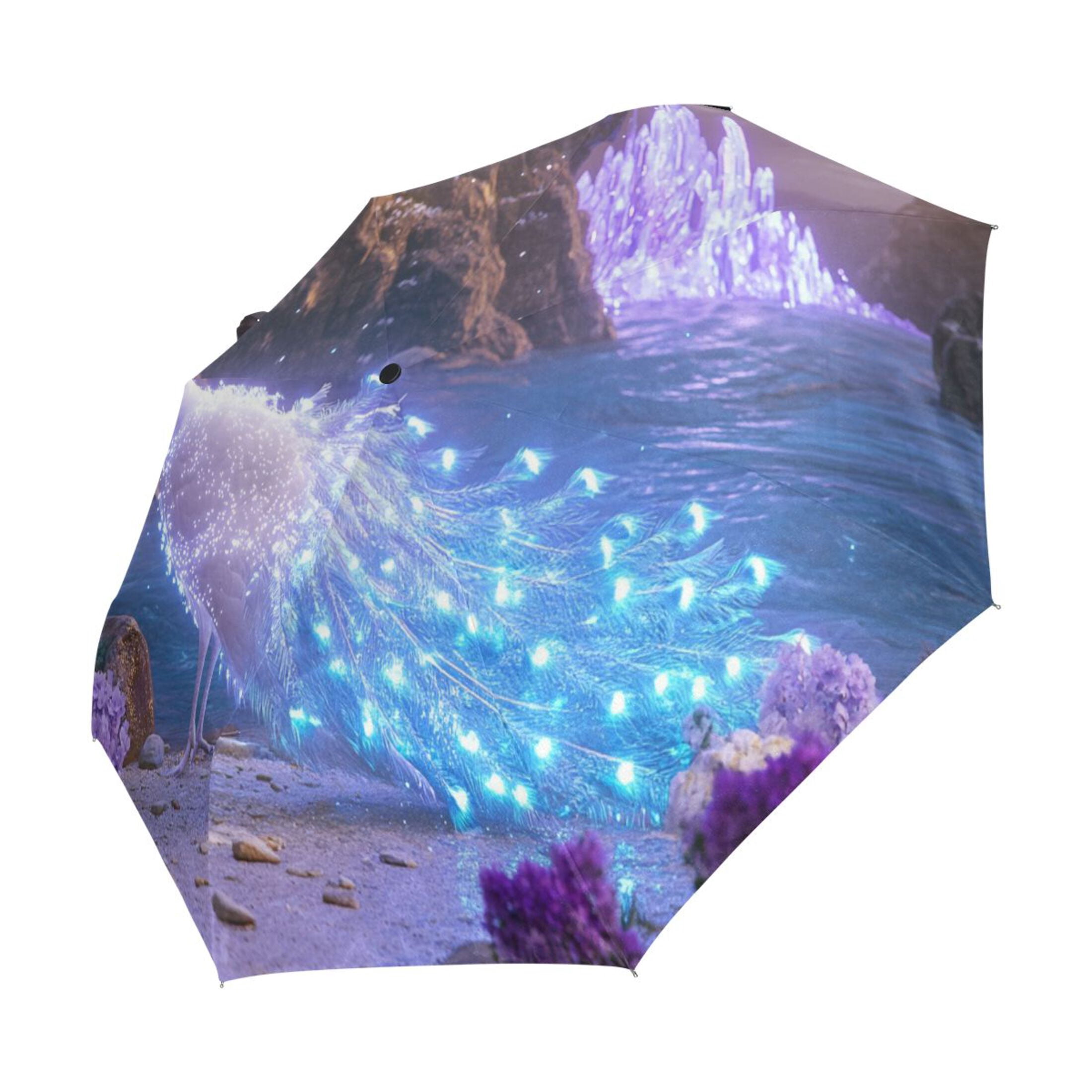 YAZAOO One-Touch Auto Open Close Rain Umbrella With Creative Fantasy Peacock Crystals Pattern