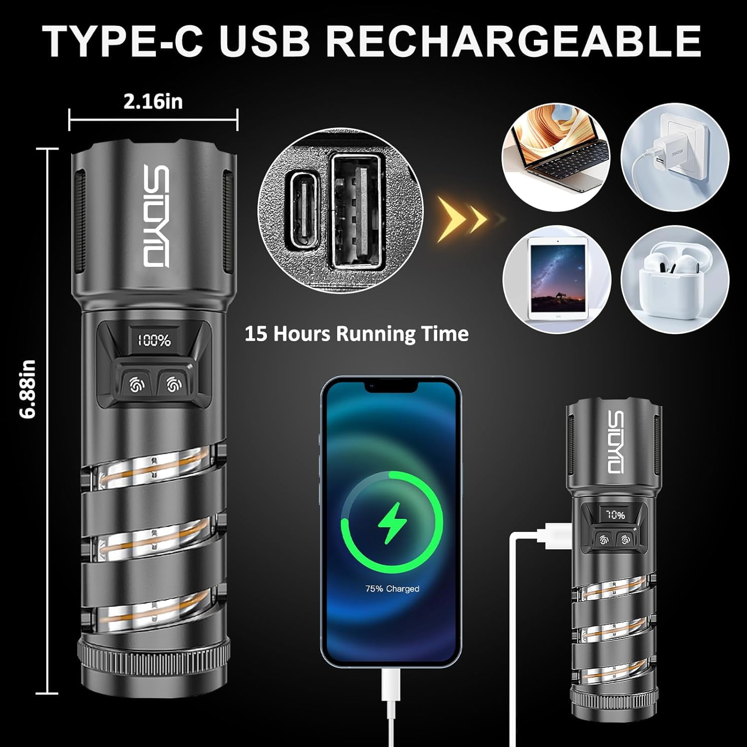 Siuyiu High Lumens 2-in-1 Camping Lantern Flashlight, 10000 Lumens, 8 Modes, Rechargeable, Waterproof